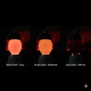 Three-panel comparison showing the same high-intensity LED candler testing white, brown, and dark chocolate Marans eggs, demonstrating how light penetration varies dramatically by shell color with the white egg showing clear details, brown egg showing moderate visibility, and dark Marans egg requiring premium equipment.