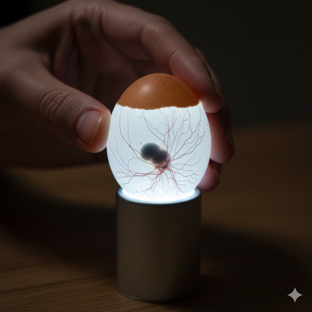 Hands holding a candling light to chicken egg on day 7 showing visible embryo and spider-web veins inside shell