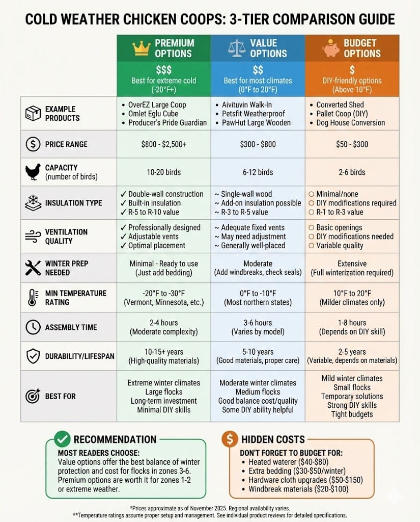 Comparison table showing premium, value, and budget cold weather chicken coop options with specifications including capacity, insulation type, price range, and winter temperature ratings
