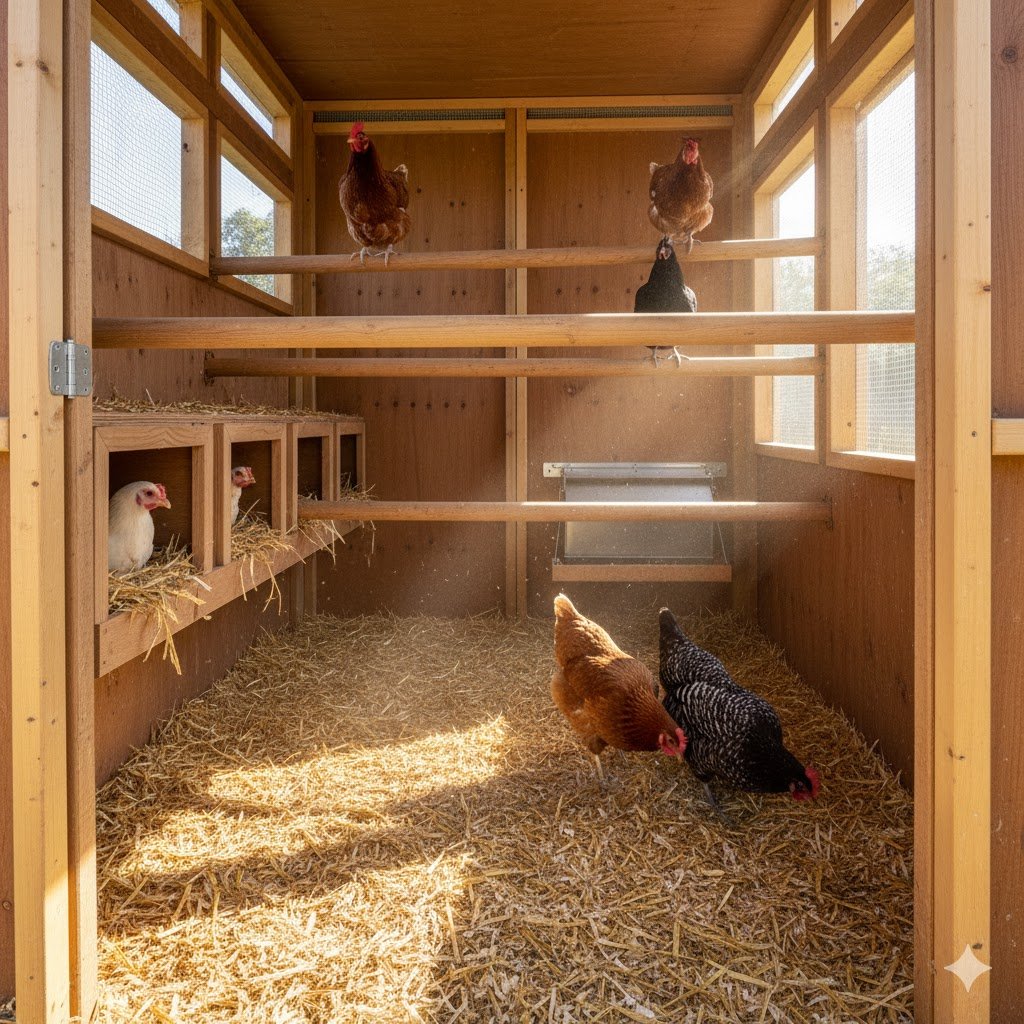 2025 australian chicken welfare standards compliant coop interior with perches nest boxes and deep litter substrate