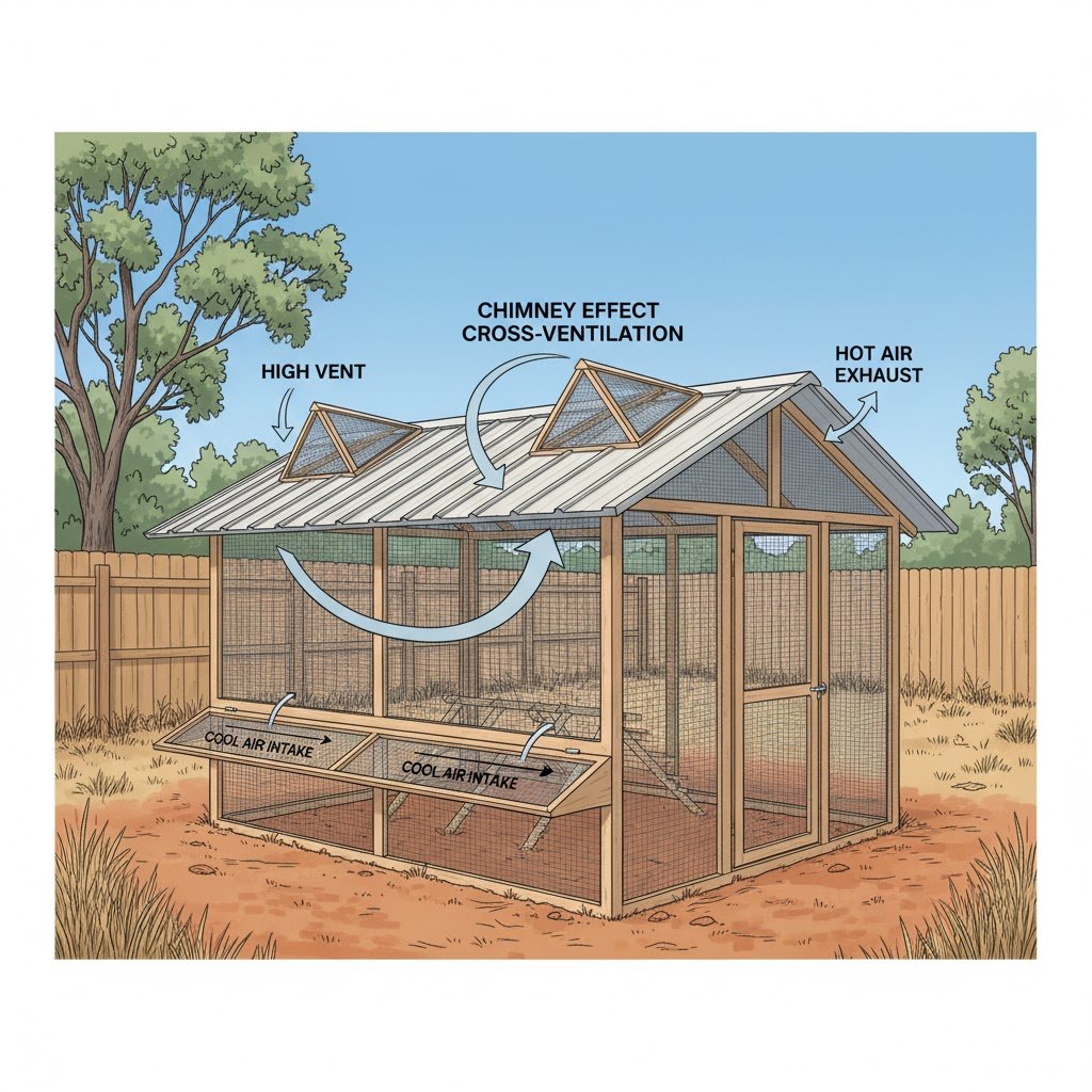 Diagram showing airflow through a chicken coop with low and high vents, mesh walls, and roosts