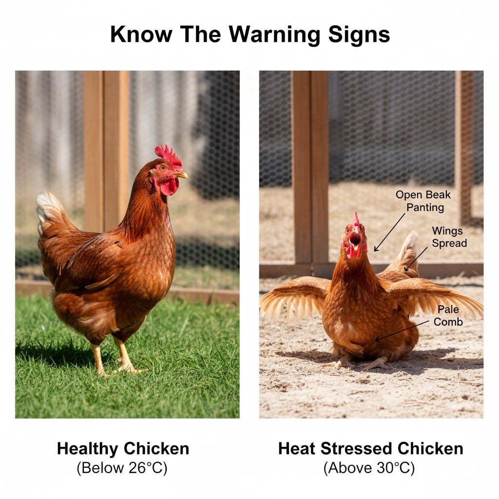 Visual comparison of healthy chicken versus heat-stressed chicken showing panting, wing spreading, and lethargy symptoms in Australian backyard setting