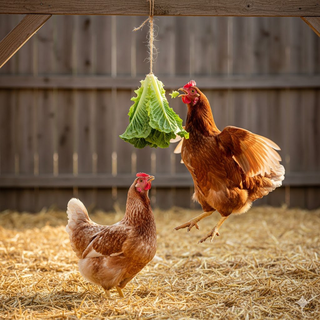 Whole head of romaine lettuce hanging from string in chicken run with chickens jumping to peck at it