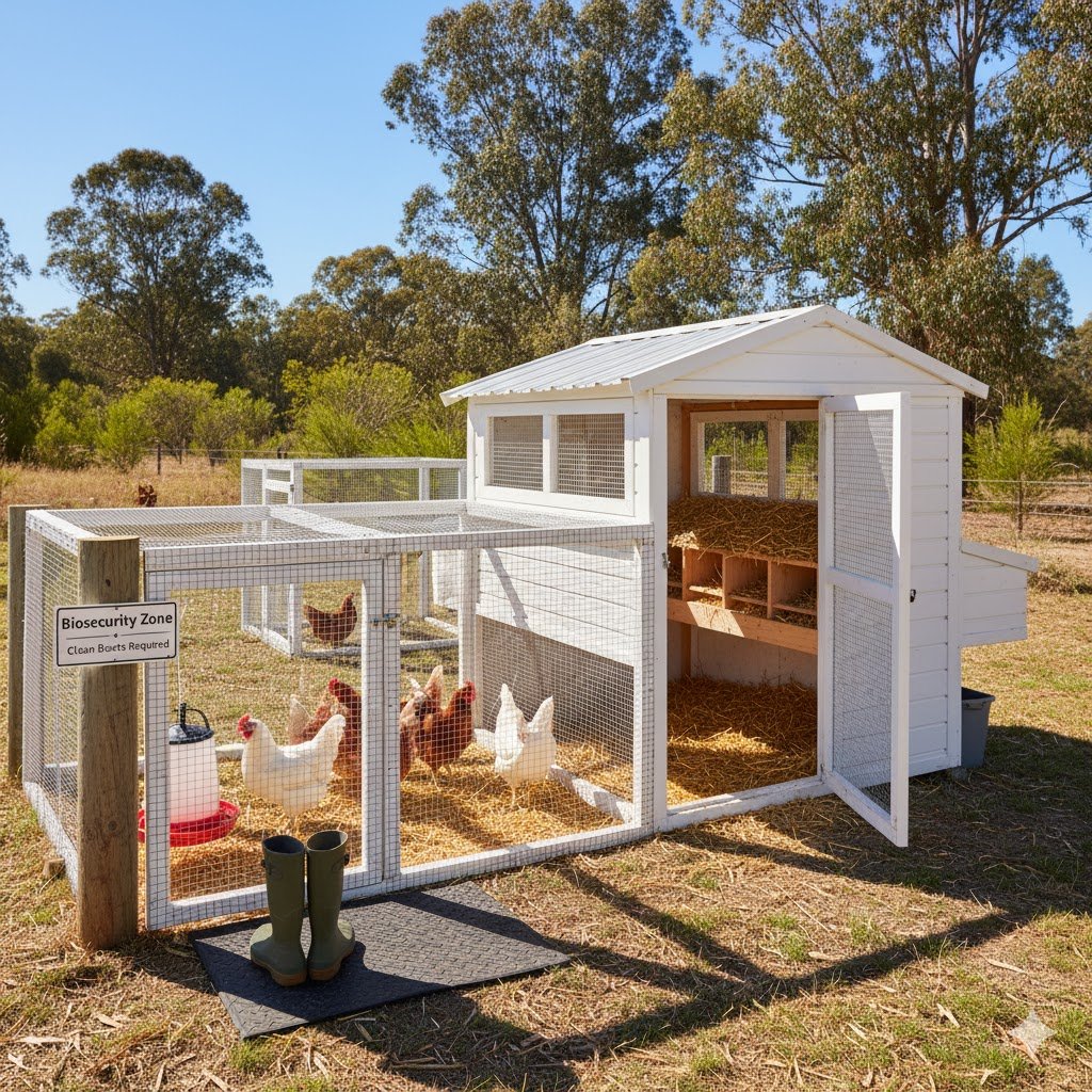 Well-maintained chicken coop in Australia showing biosecurity best practices with clean nesting boxes and healthy chickens