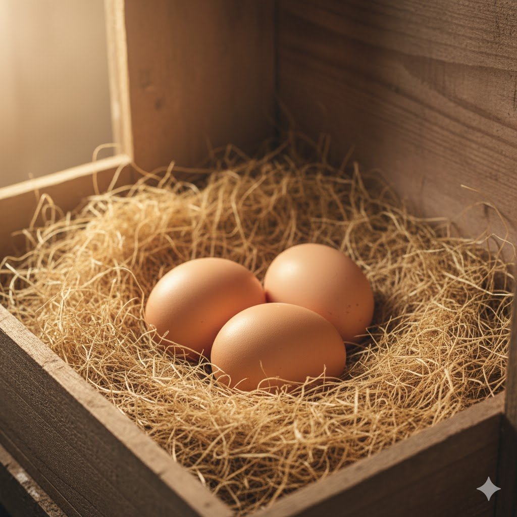 Fresh brown chicken eggs sitting clean on fine hemp bedding in wooden nesting box showing superior egg cleanliness