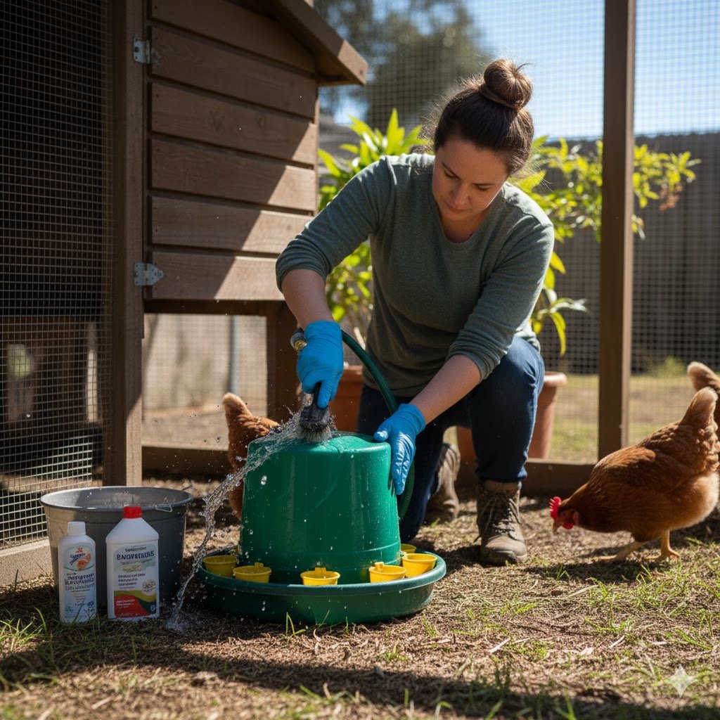 Person scrubbing a chicken waterer with a brush and fresh water outdoors