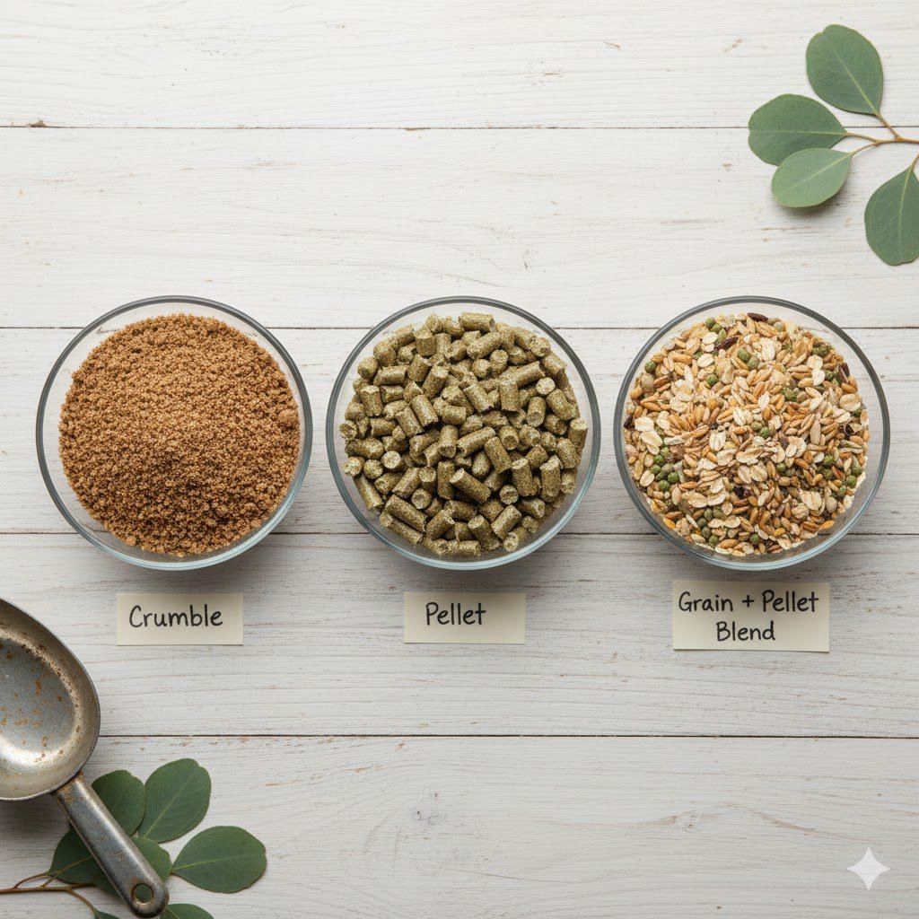 Side-by-side comparison showing three types of Australian chicken feed: crumbles, pellets, and grain mix with micro-pellets in clear glass bowls