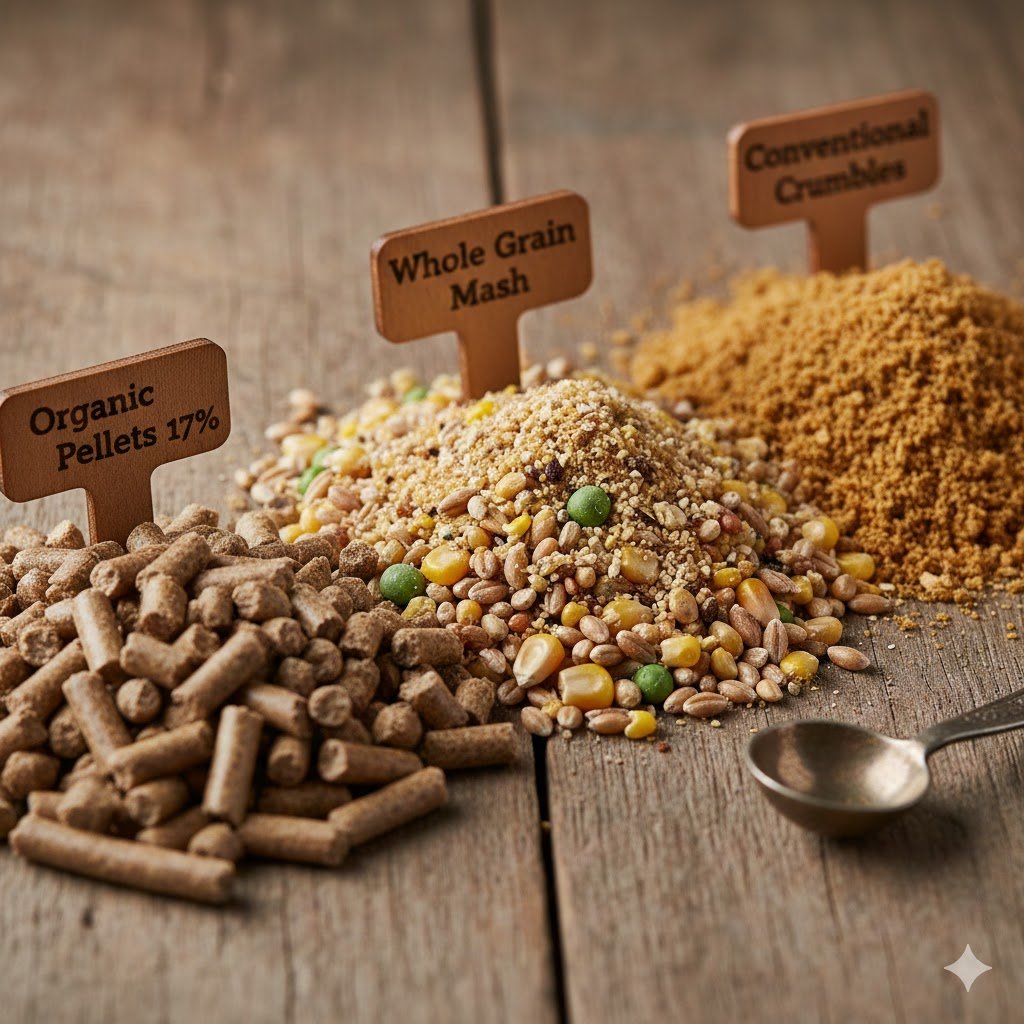 Macro photography showing texture differences between organic feed pellets, whole grain mash, and conventional crumbles arranged on rustic wooden surface