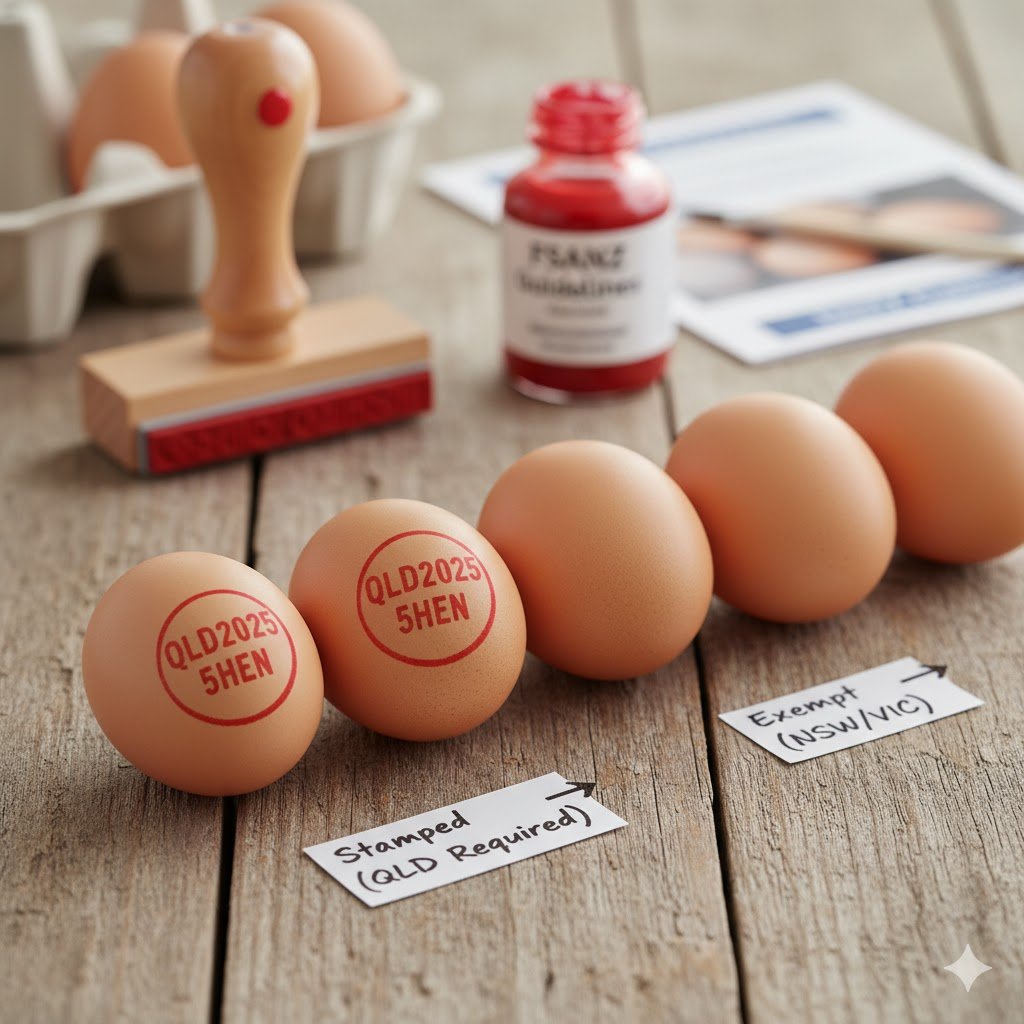 Comparison of stamped and unstamped free-range eggs showing food-grade ink traceability code for Australian egg sales