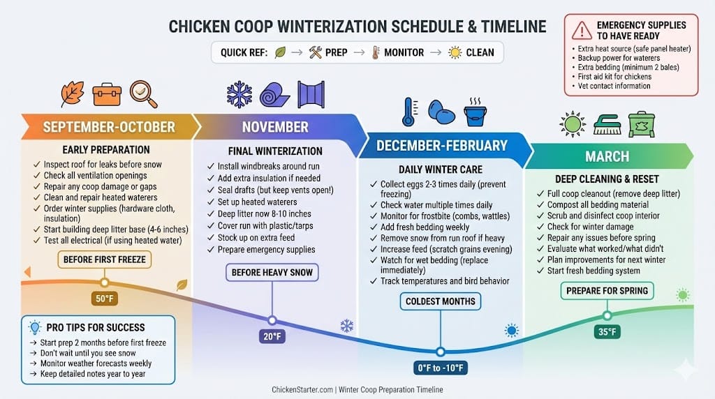 Timeline infographic showing chicken coop winterization schedule from September through March with specific monthly tasks, checklist items, and seasonal preparation milestones for cold weather management