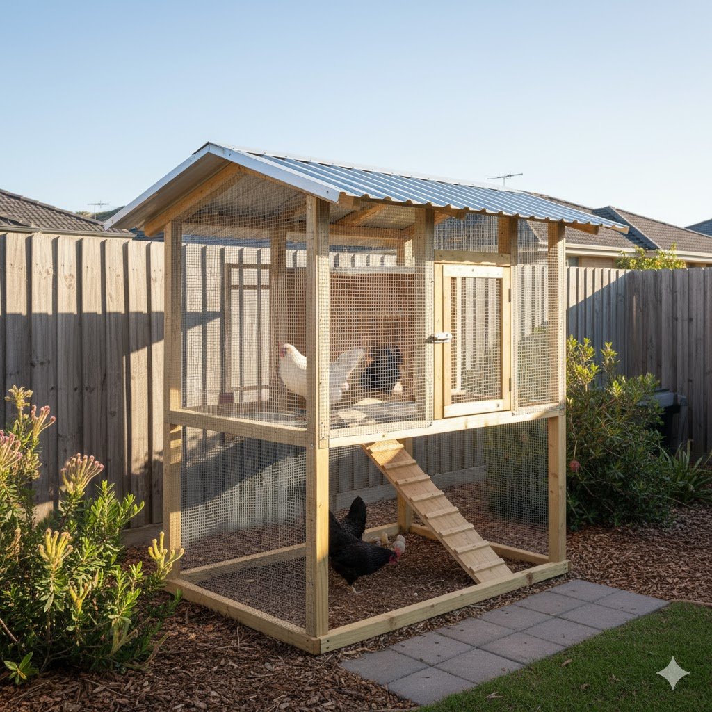 Small elevated chicken coop with mesh walls and shaded run in a city backyard