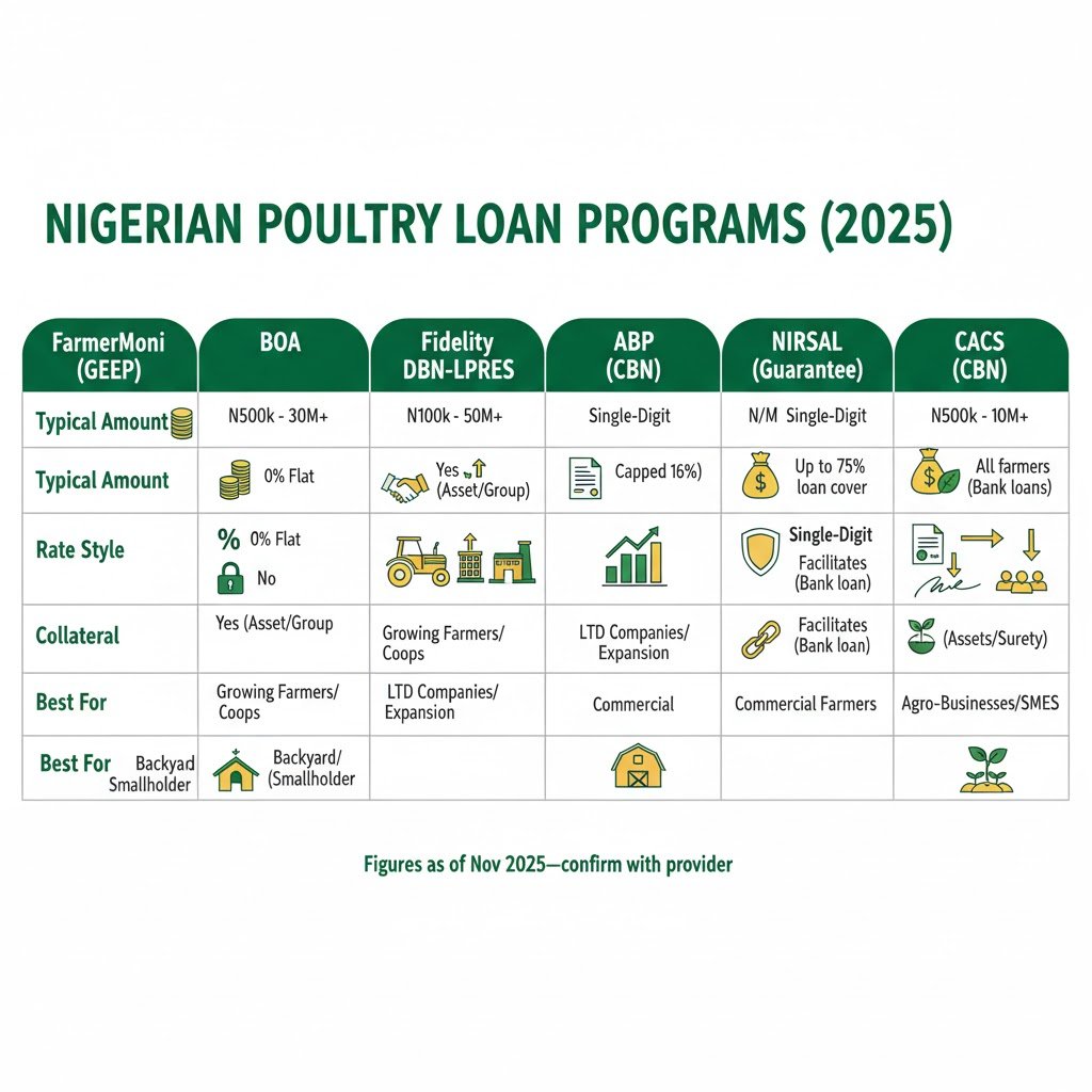 Comparison graphic for FarmerMoni, BOA, LPRES, ABP, NIRSAL, and CACS with amounts, rates, and best use.