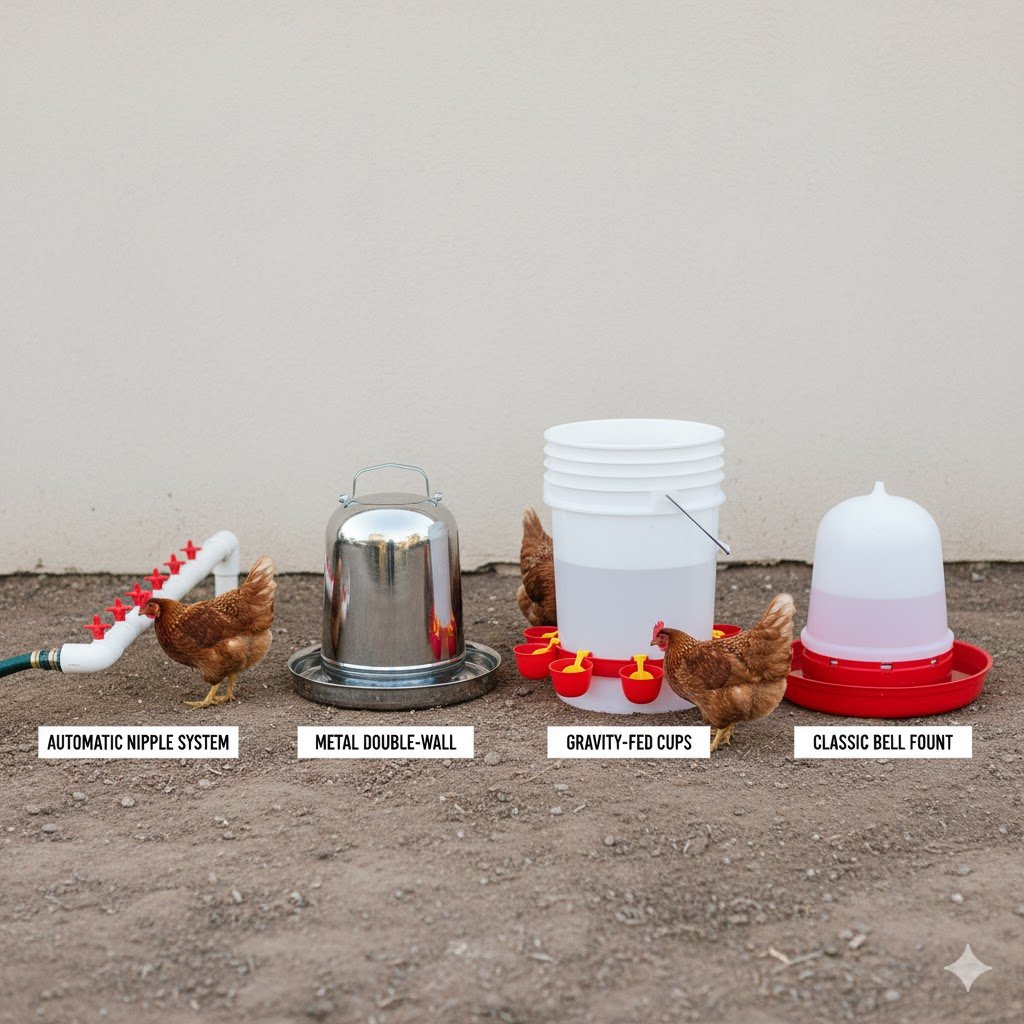 Four types of chicken waterers: automatic nipple system, metal double-wall, gravity-fed, and bell waterer, side by side