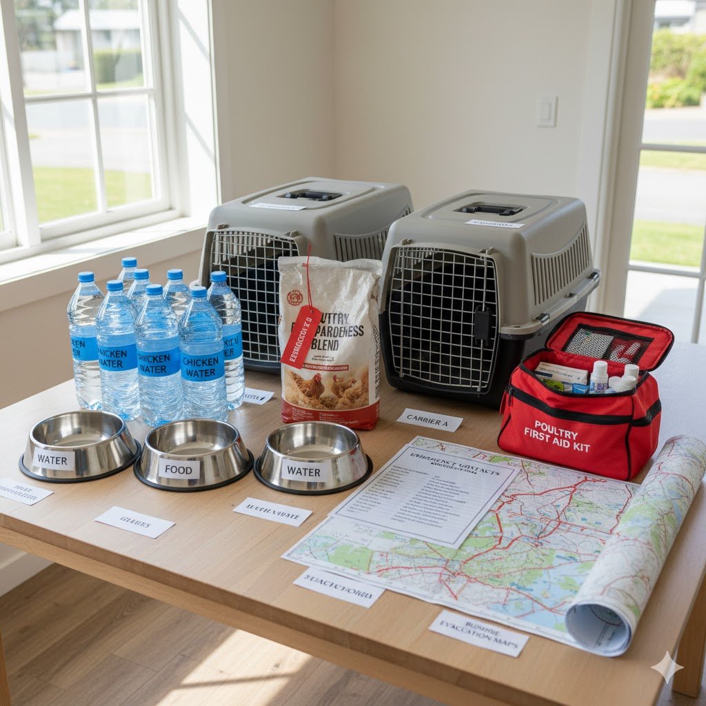Items for a bushfire survival kit for chickens, including feed, water, carriers, first aid supplies, and emergency documents