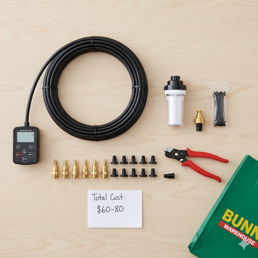 All materials needed for DIY chicken misting system laid out including brass nozzles, irrigation tubing, inline filter, connectors, and timer from Bunnings