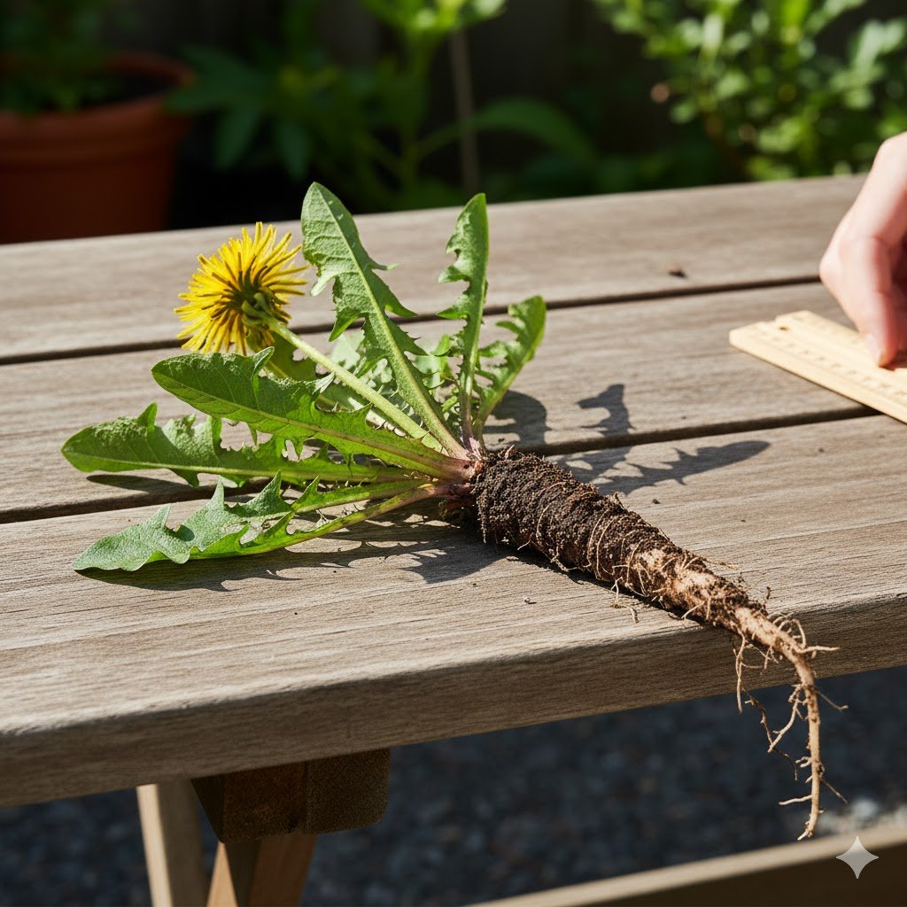 Whole dandelion plant showing edible yellow flowers, green leaves, stems and roots safe for chickens to eat
