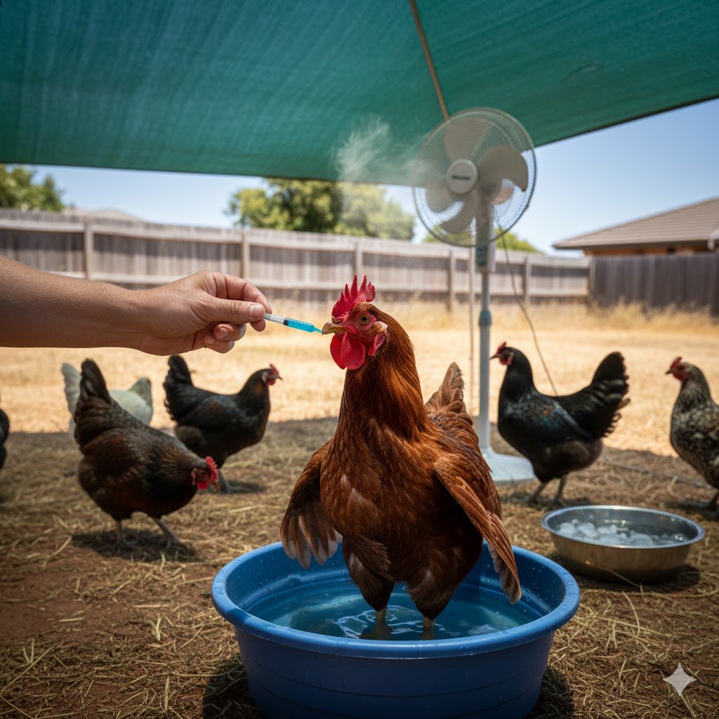 Chicken being cooled with water and a fan in a shaded area during a heatwave