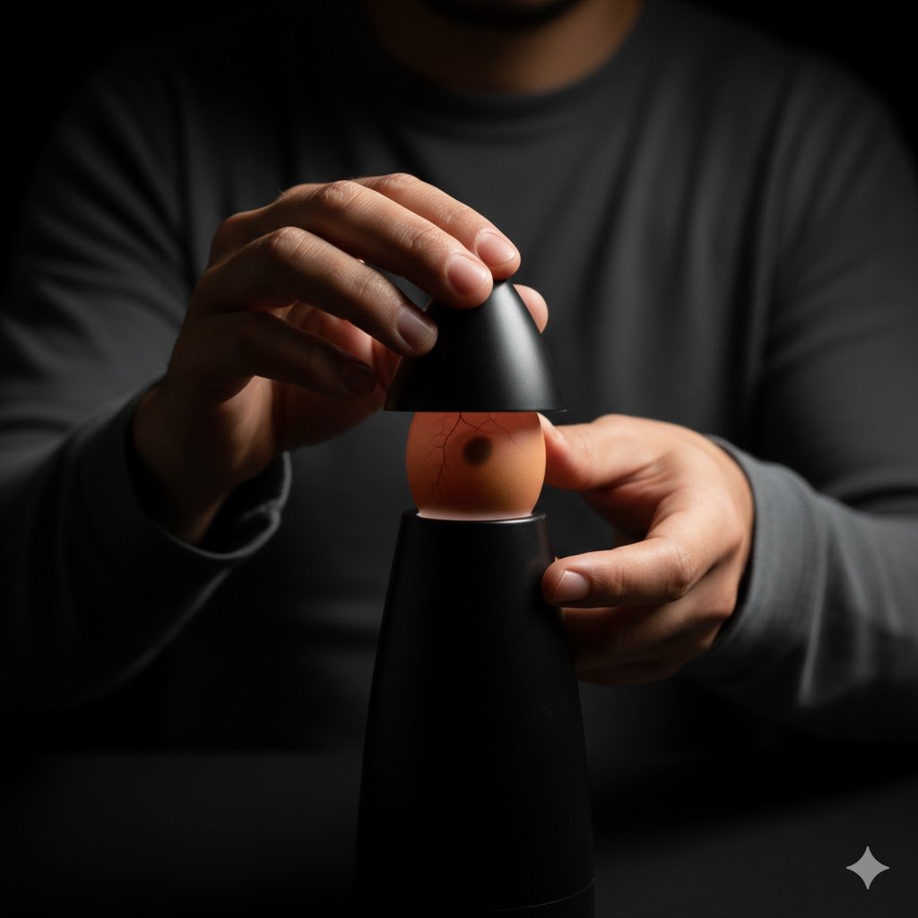 Close-up of hands holding a brown chicken egg against a high-intensity LED candler in a dark room, with the blunt end of the egg positioned against the light and fingers gently rotating the egg.
