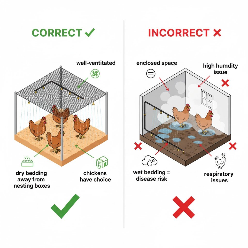 Side-by-side diagram showing proper misting system placement in ventilated chicken run versus improper placement inside enclosed coop causing wet bedding