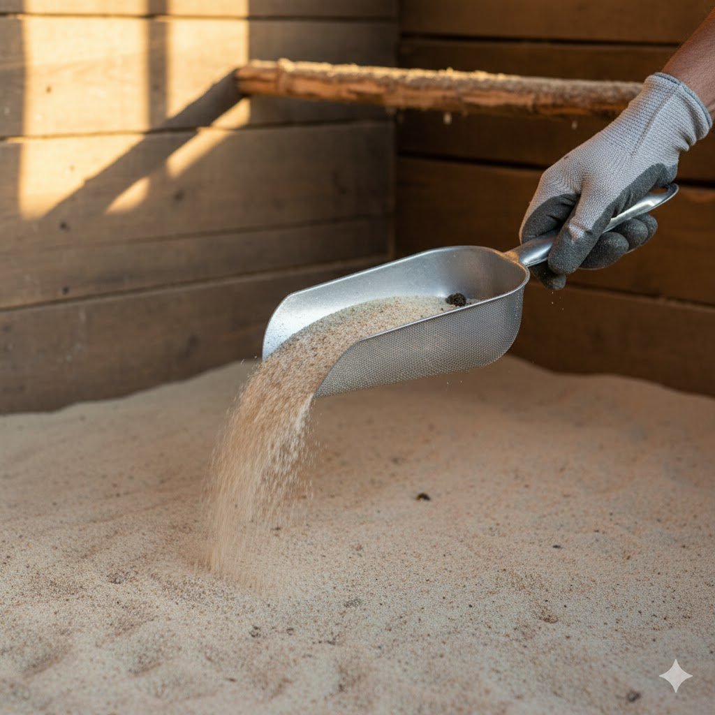 Premium chicken sand bedding being sifted with metal scoop showing daily maintenance cleaning method