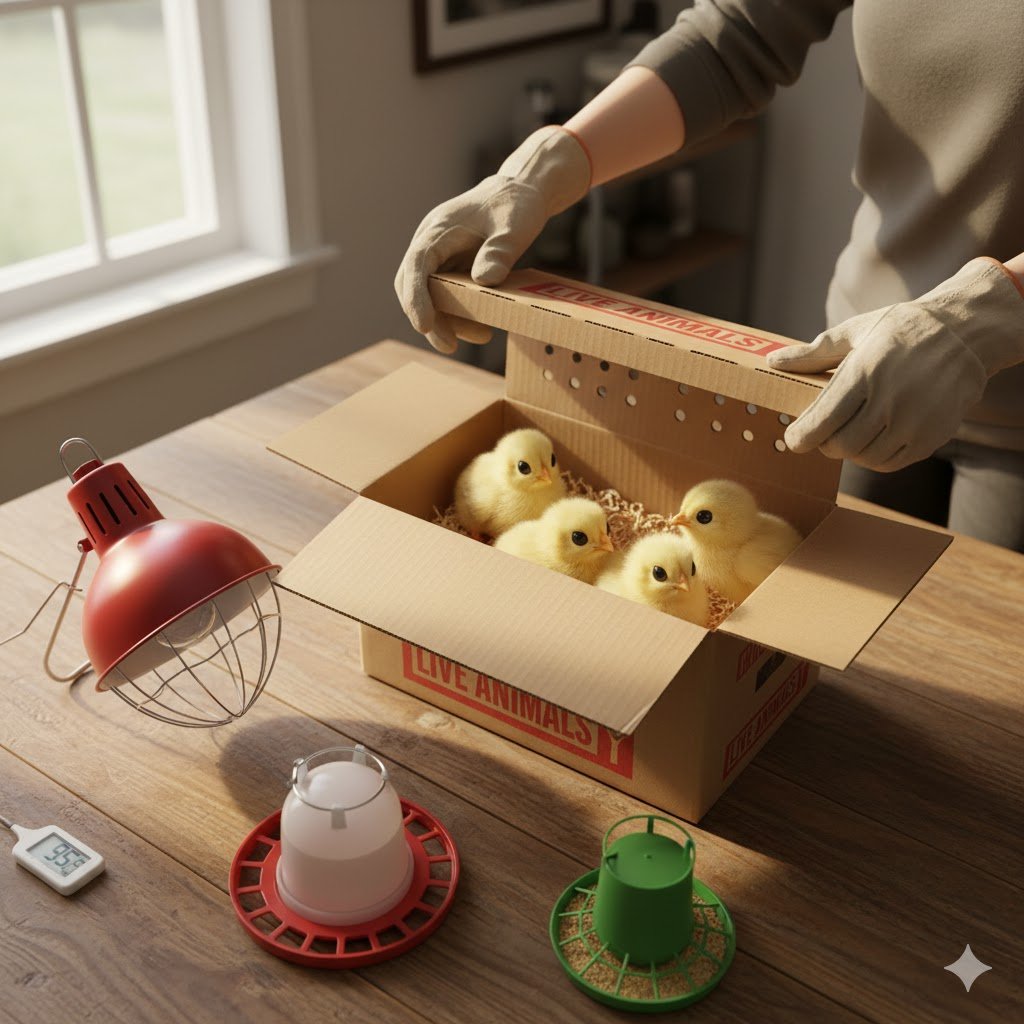 Newborn day-old chicks in cardboard shipping box with ventilation holes arriving from mail-order hatchery