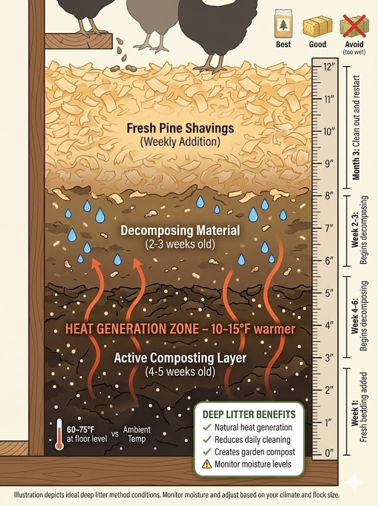 Detailed cross-section diagram showing 12-inch deep litter bedding layers in chicken coop floor with composting stages, from fresh pine shavings on top to decomposing material generating heat at bottom