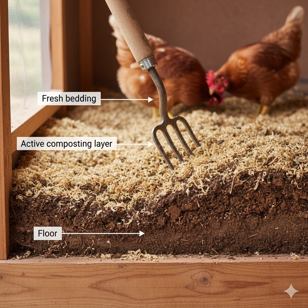 Deep litter method chicken coop bedding Australia hemp shavings pine straw cost-saving technique