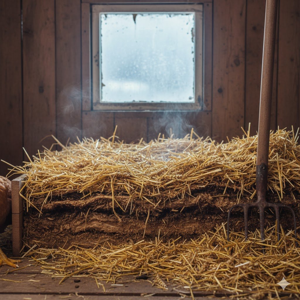 Deep layer of wheat straw bedding showing deep litter composting method for winter chicken coop insulation