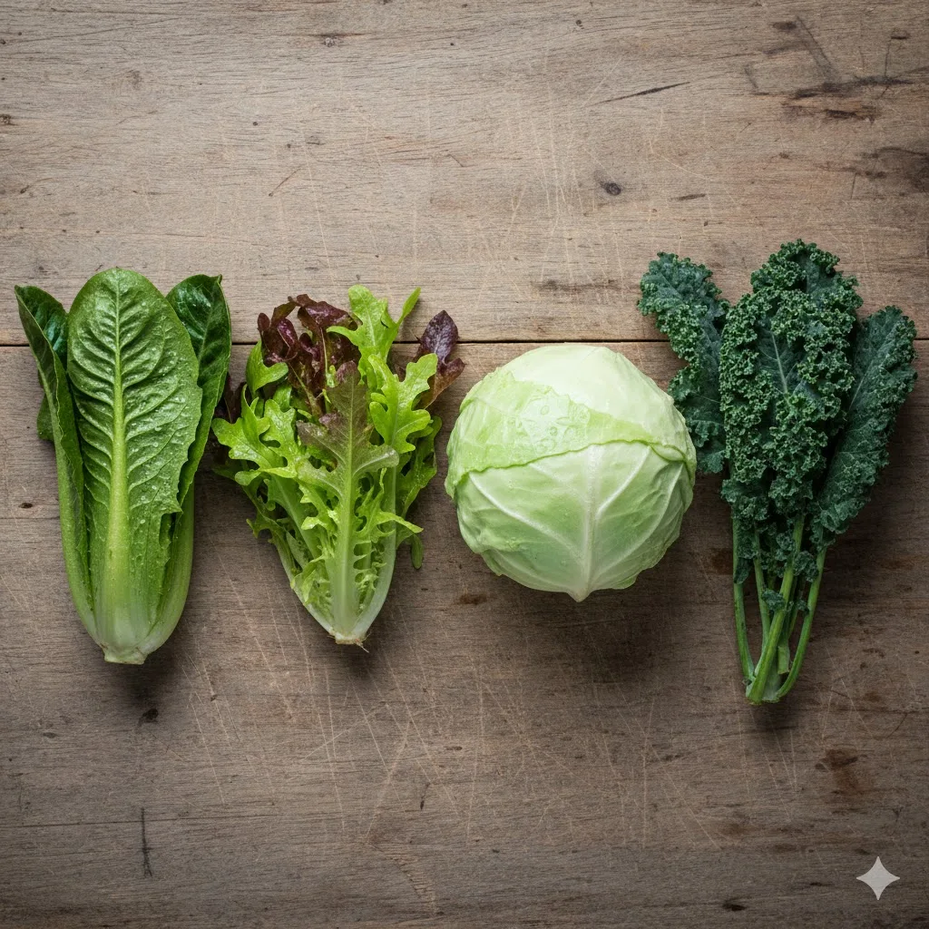 Side-by-side comparison of romaine lettuce, leaf lettuce, iceberg lettuce, and kale arranged on a wooden surface