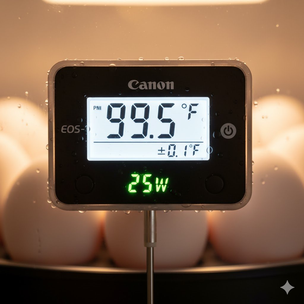 Incubator digital thermometer display reading 99.5 degrees Fahrenheit with precision indicator