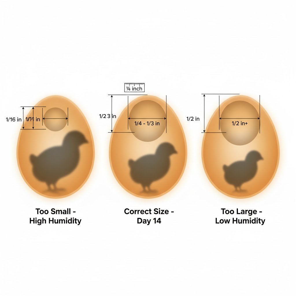 Side-by-side illustration of three candled eggs showing air cell depth variations: first egg with small air cell indicating high humidity, second with correct 1/4-inch air cell for day 14, third with oversized air cell indicating low humidity.