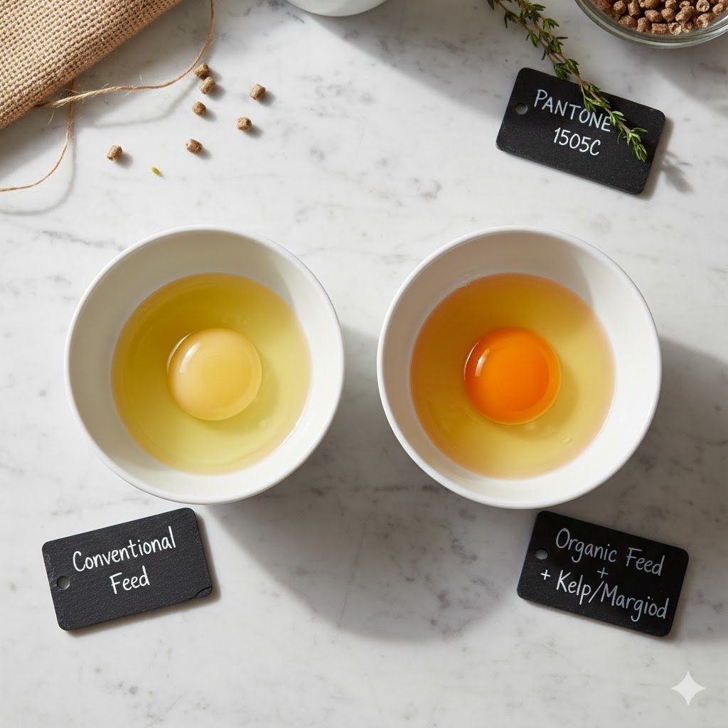 Side-by-side comparison of cracked eggs showing pale yellow yolk from conventional feed versus rich orange yolk from organic feed with kelp and marigold supplements