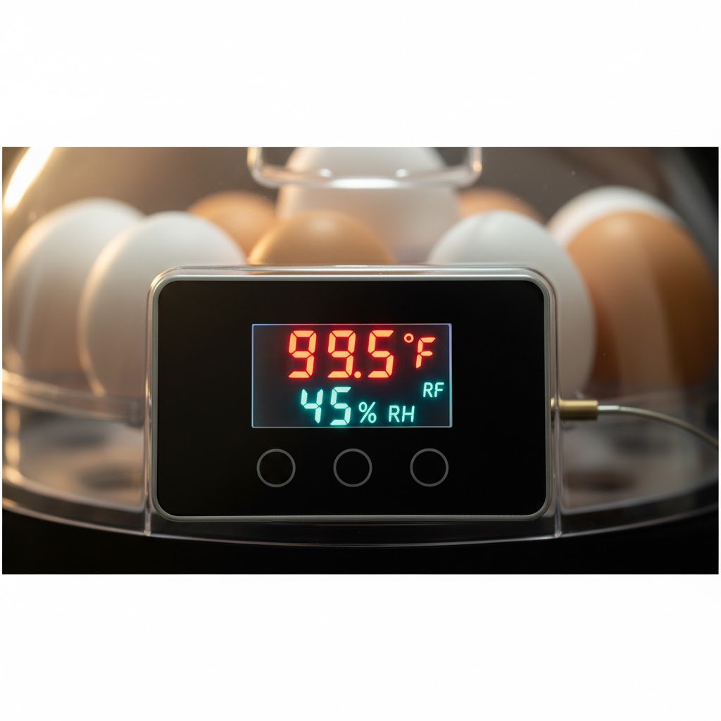  Close-up of digital incubator display showing precise 99.5°F temperature and 45% humidity for optimal chicken egg development