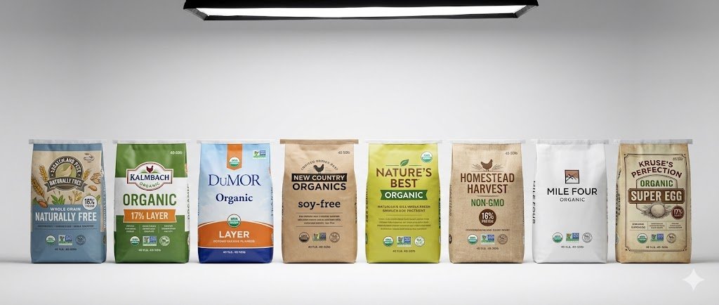 Eight different organic and non-GMO chicken feed bags arranged in product lineup showing Scratch and Peck, Kalmbach, DuMOR, New Country Organics, Nature's Best, Homestead Harvest, Mile Four, and Kruse's Perfection brands