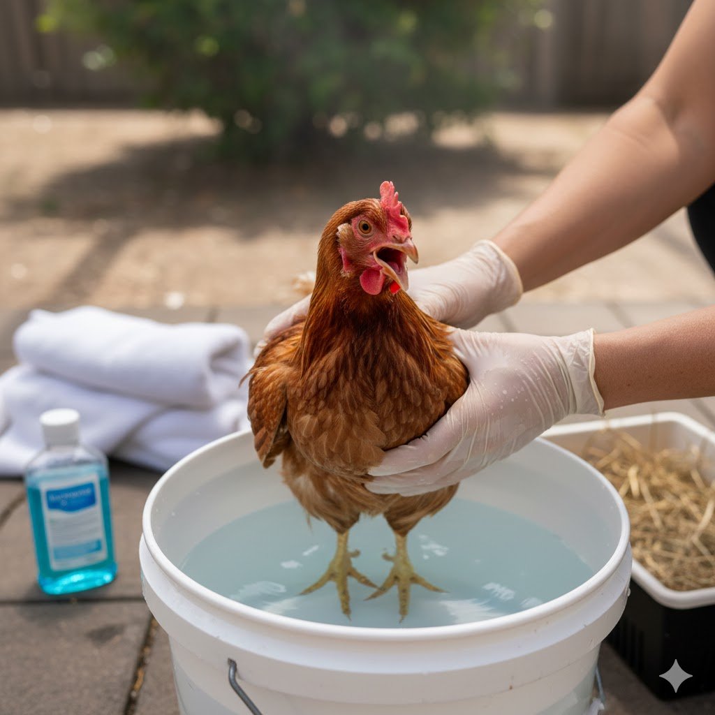 Step-by-step demonstration of emergency cooling technique for heat-stressed chicken being gently immersed in cool water with head above surface