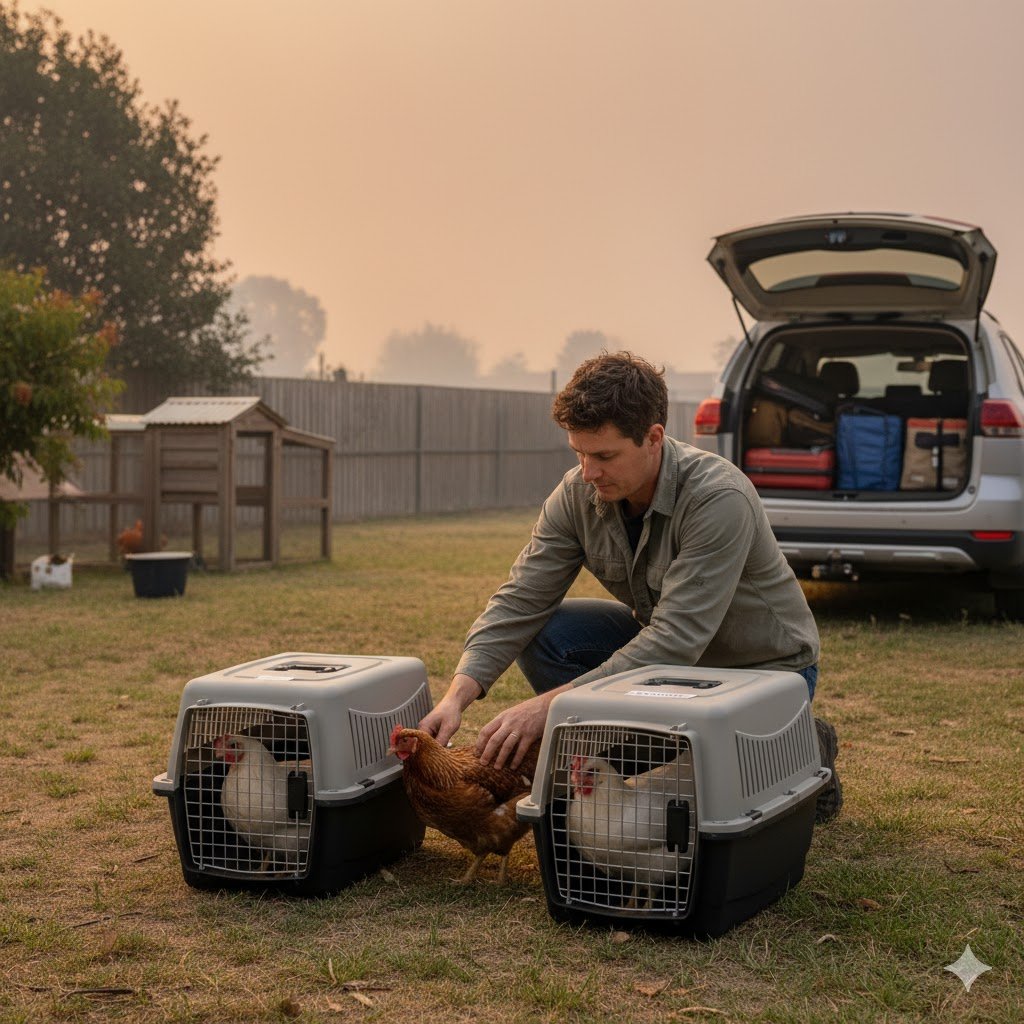 A person calmly placing chickens into carriers as part of a bushfire evacuation plan
