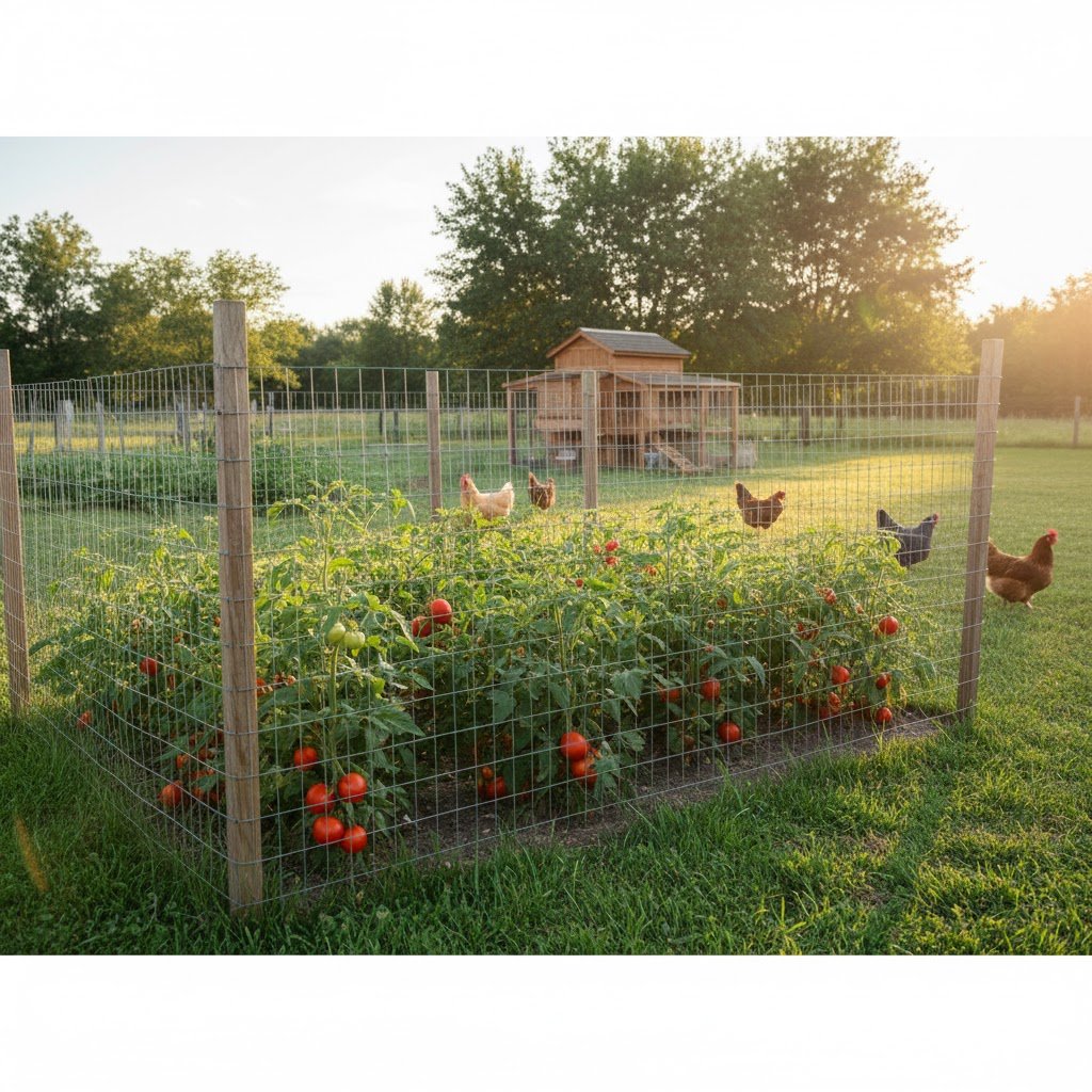 Backyard garden with tomato plants protected by chicken wire fencing while chickens forage safely in background