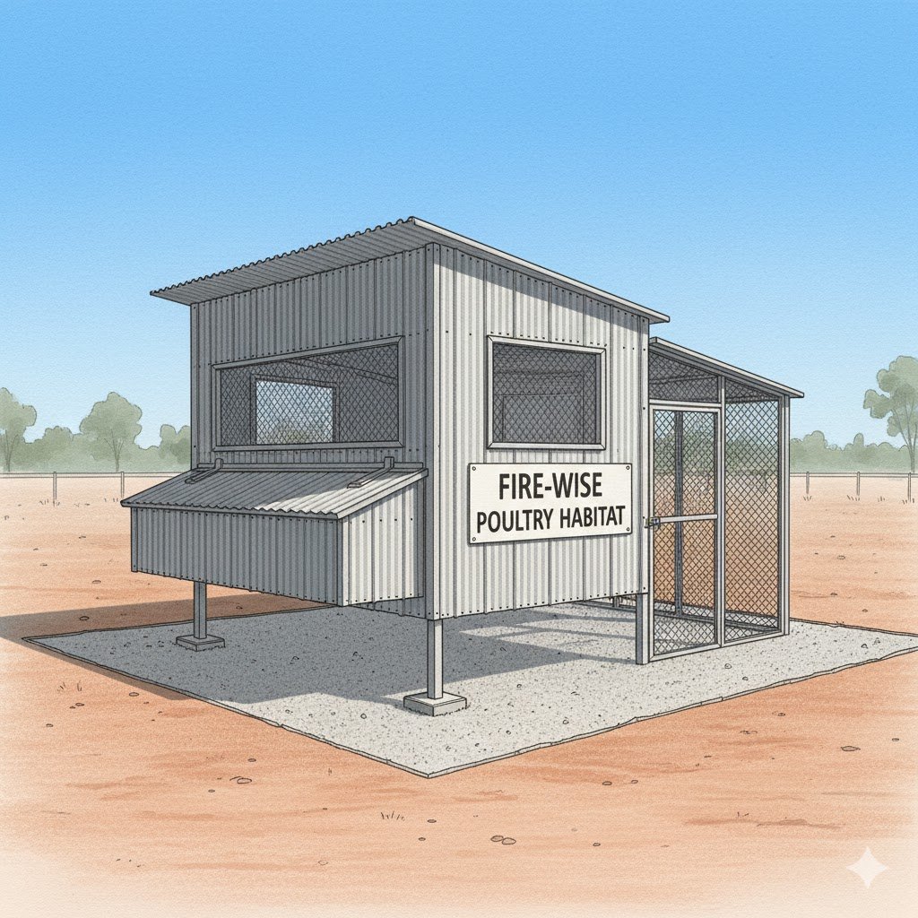 A modern, fire-resistant chicken coop made of metal and surrounded by a cleared, defensible space