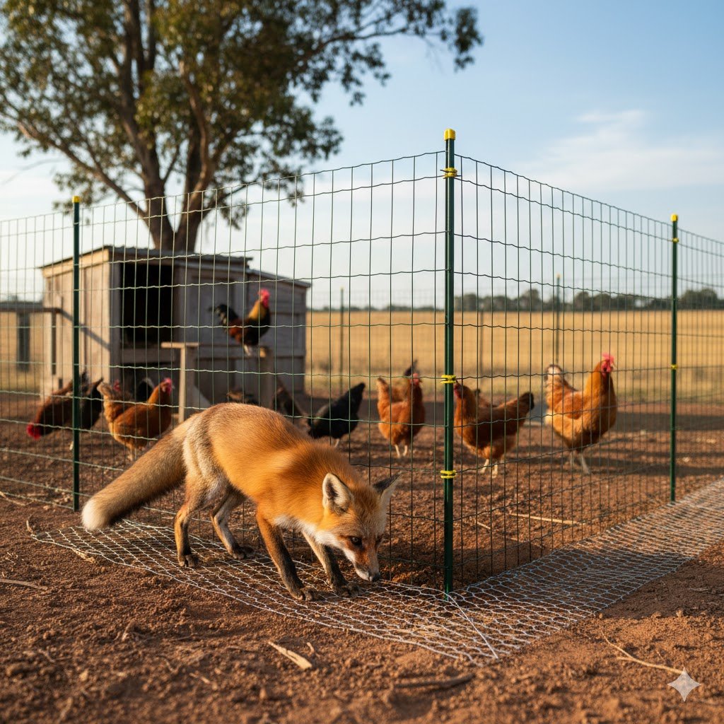 Electric poultry fencing and buried wire mesh protecting a chicken run from foxes in Australia