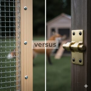 Close-up of galvanised wire mesh with 25mm squares and a heavy-duty metal barrel bolt latch on a wooden chicken coop door.