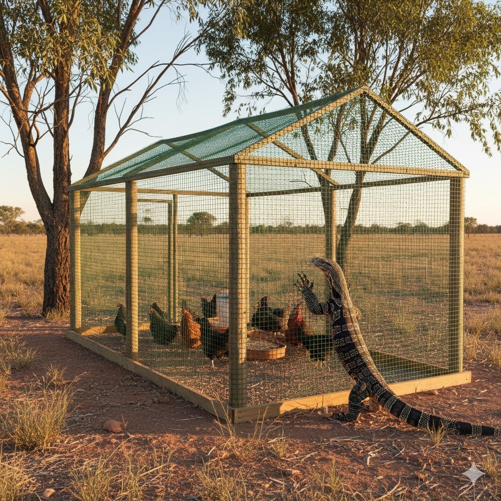 Australian chicken run with wire mesh roof and trimmed tree branches to prevent goanna entry