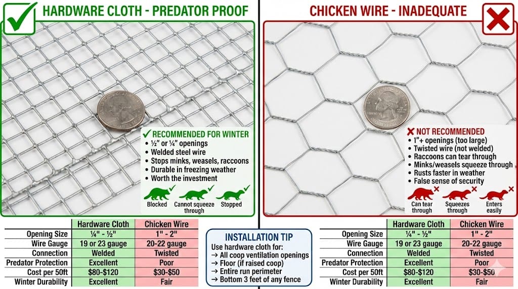 Close-up comparison photograph showing strong welded hardware cloth with quarter-inch mesh on left versus weak chicken wire with large hexagonal openings on right, demonstrating predator-proof versus vulnerable fencing