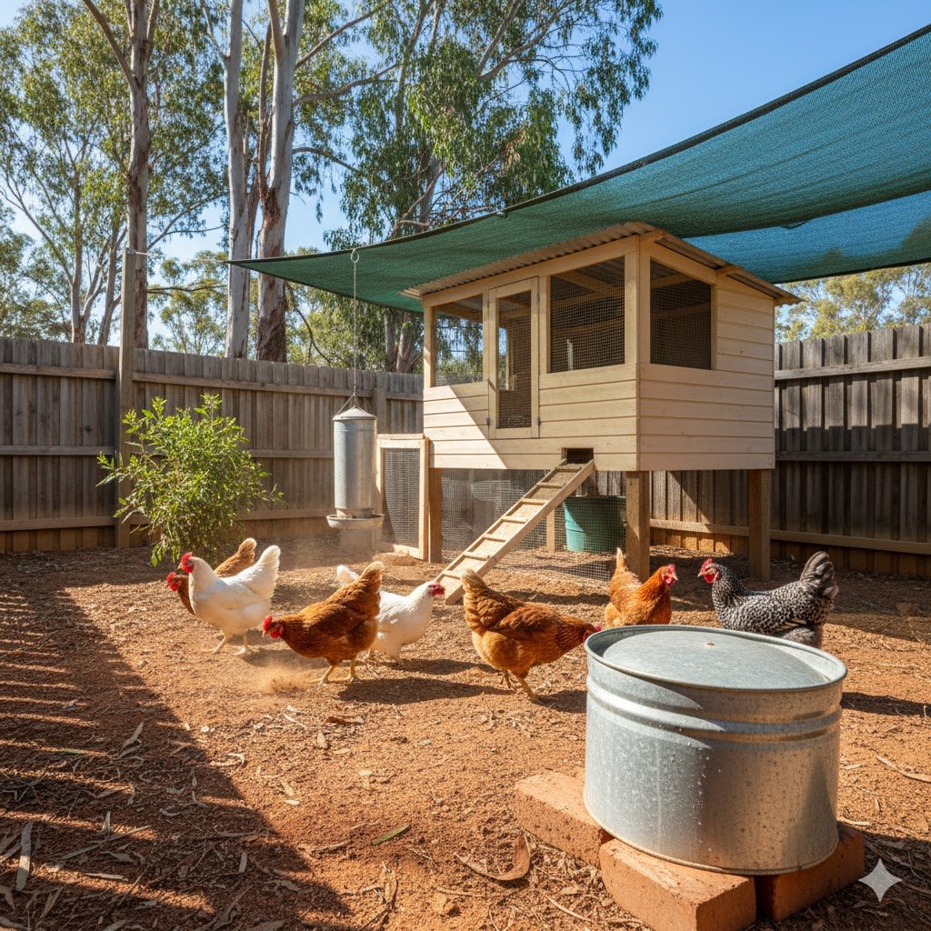 Five healthy chickens foraging in shaded Australian backyard with gum trees, water station, and heat-resistant coop on sunny summer day