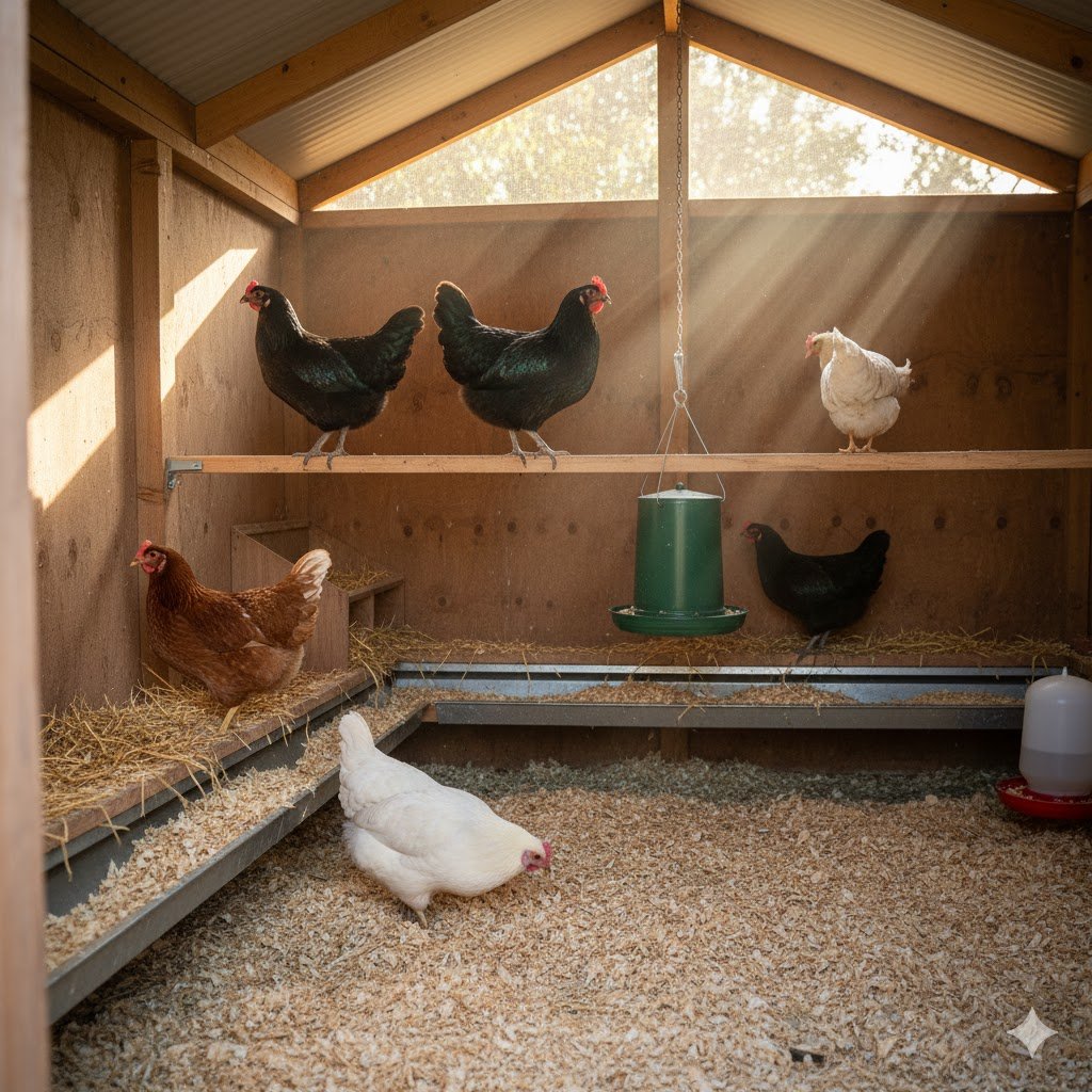 Six chickens of various breeds roosting on perches and nesting inside a well-ventilated walk-in coop with natural light streaming through vents.