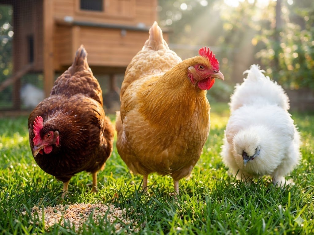 Close-up of three healthy laying hens with glossy feathers and bright eyes actively foraging, demonstrating the health benefits of premium organic feed