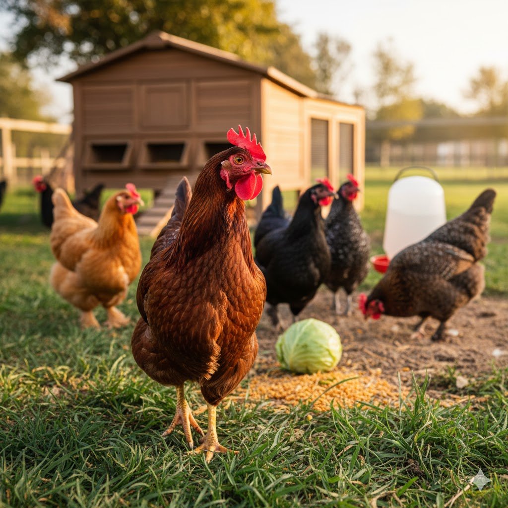 Group of healthy adult laying hens showing glossy feathers, bright eyes, and active behavior in clean chicken run