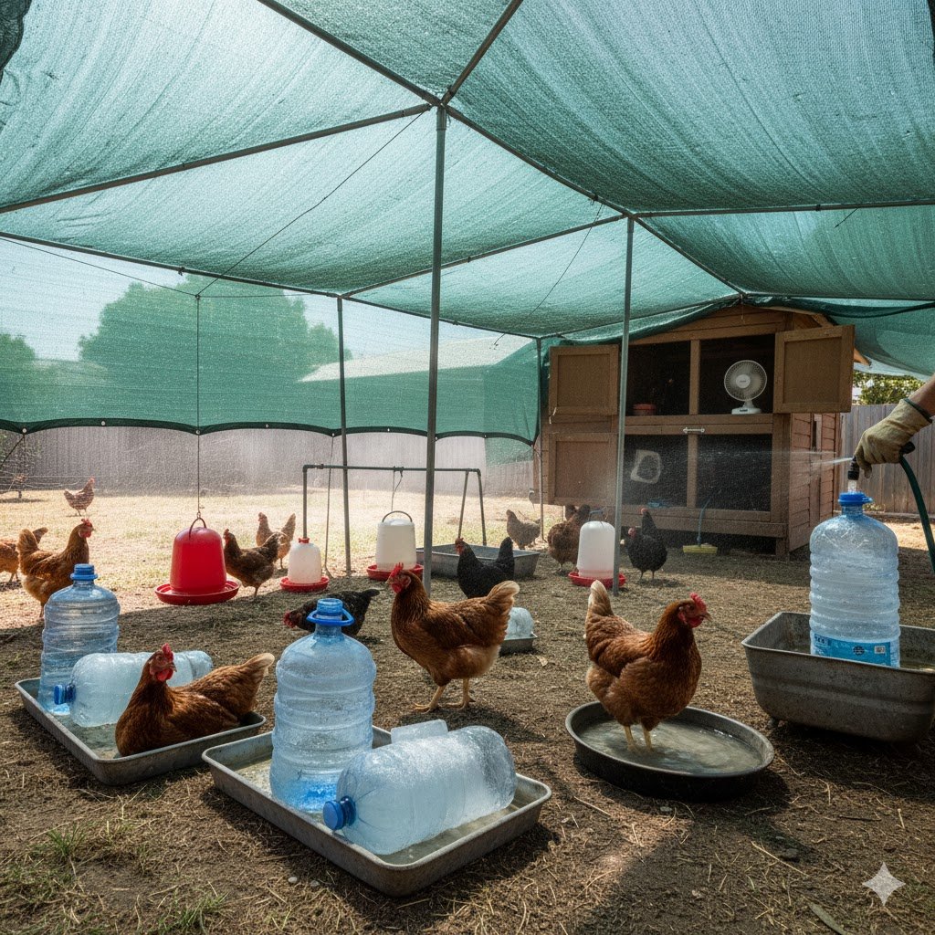 chicken coop heat management australia showing shade frozen water bottles and ventilation for summer heatwave