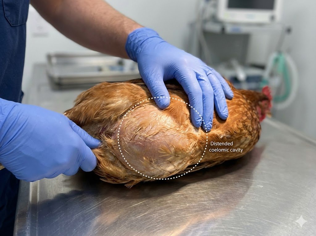 Veterinary demonstration photo showing gloved hands gently palpating hen's abdomen to identify characteristic swelling and fluid accumulation indicating egg yolk peritonitis, viewed from underneath angle