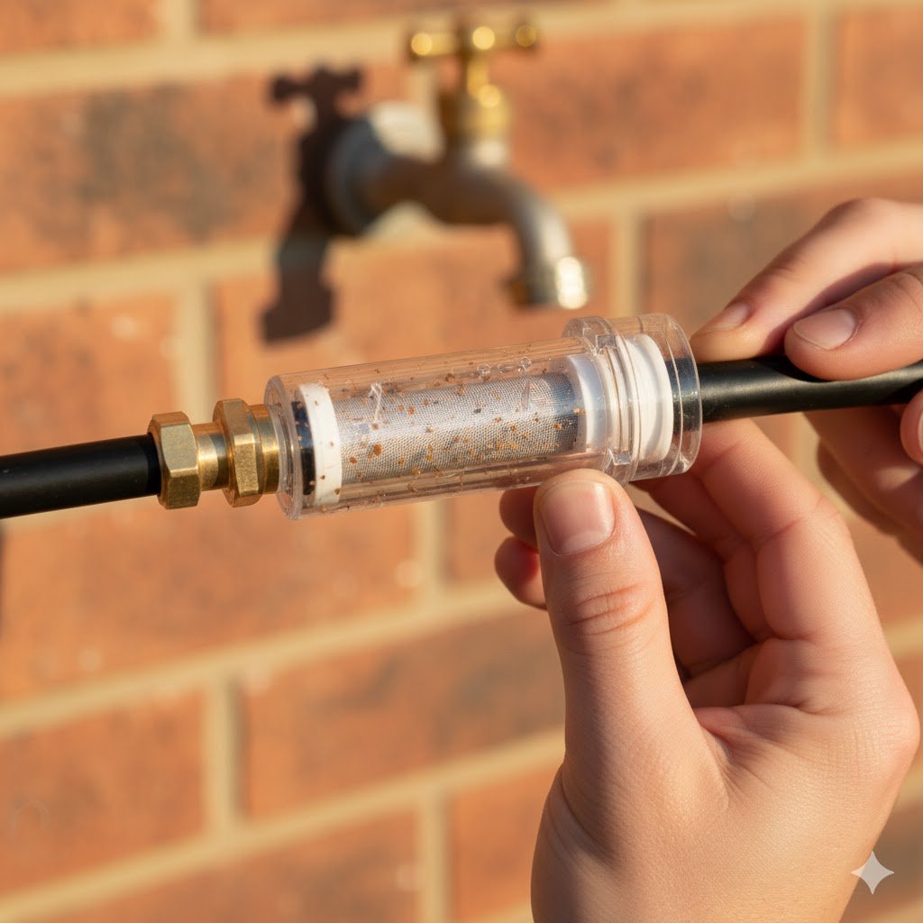 Clear inline water filter for chicken coop misting system showing mesh screen and mineral debris caught before reaching nozzles in hard water areas