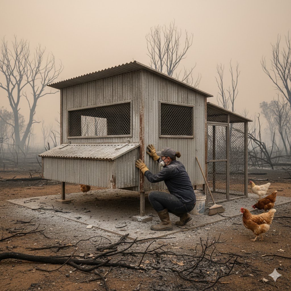 A person checking a chicken coop for damage after a bushfire, with ash and debris visible